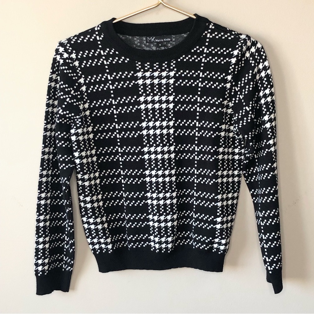 NWOT Black & White Houndstooth Plaid Crewneck Viscose Preppy Sweater S